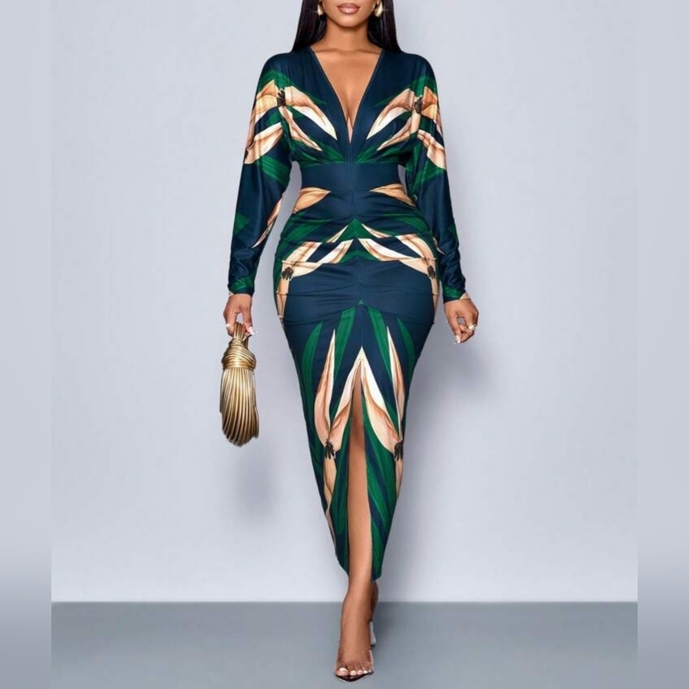 Green Teal and Gold Patterned Dress